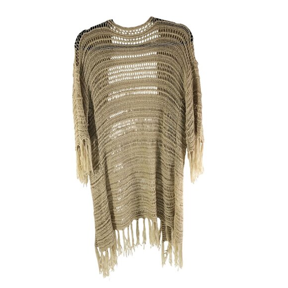 Womens Crochet Fringe Bohemian Cardigan Duster Open Front Beige L? - Picture 2 of 2